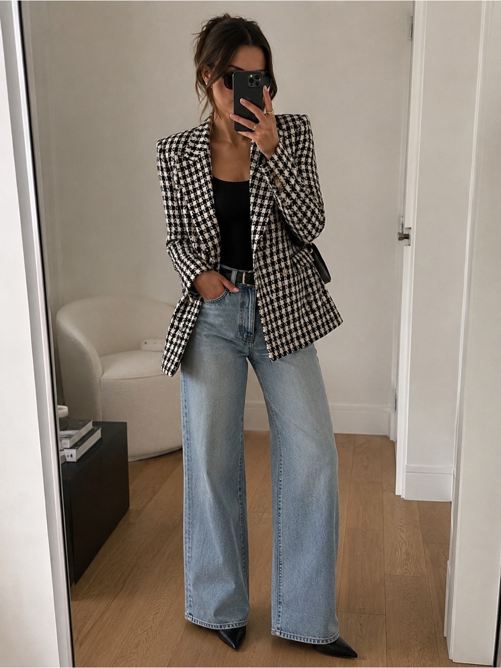 ZARA Black & Cream Houndstooth Blazer